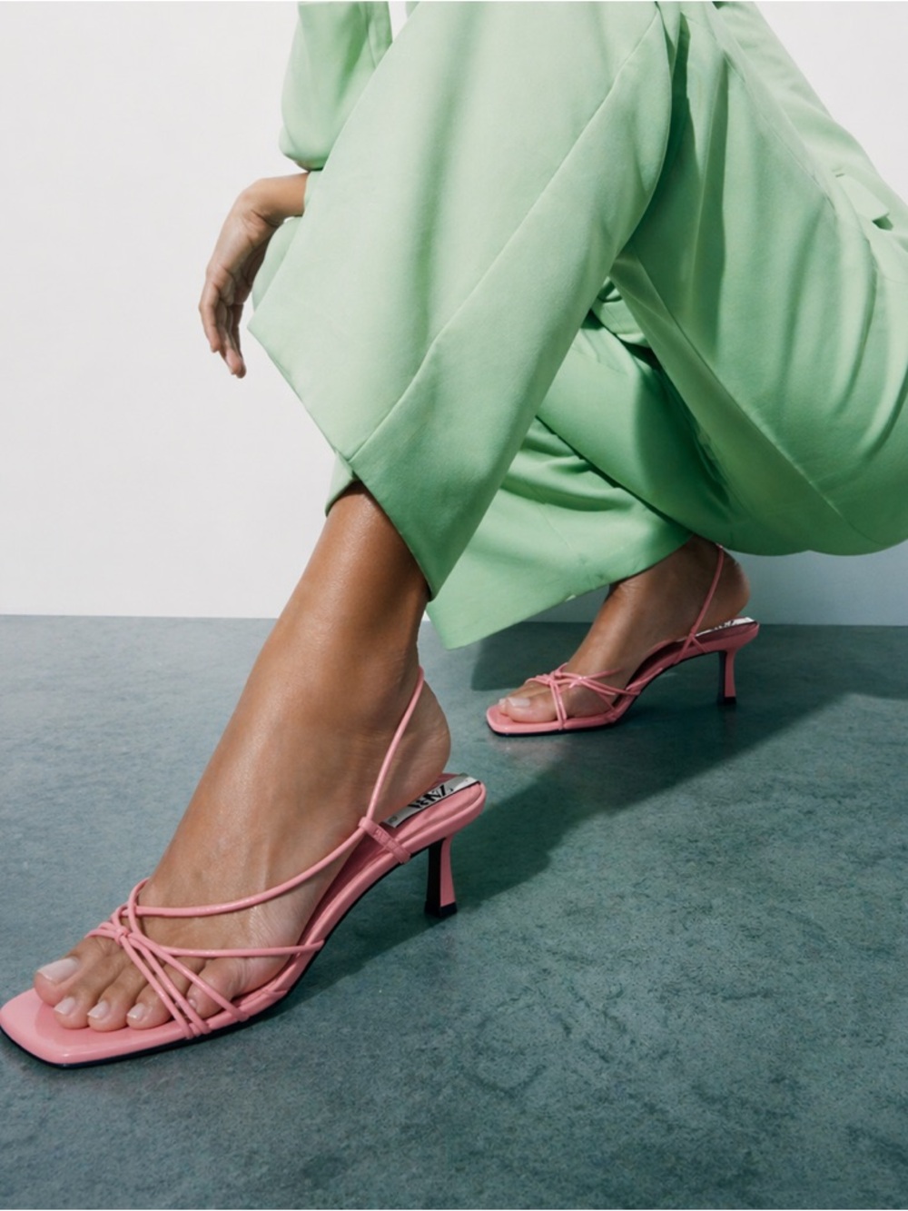 ZARA Pink Strappy Kitten Heel Sandals Size 40 | Square Toe Minimal Heels Barbie - Picture 1 of 4